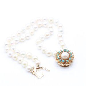 VINTAGE 14K GOLD PERSIAN TURQUOISE AKOYA PEARL BRACELET